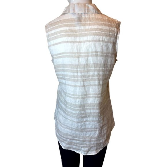 Ellen Tracy Womens 100% Linen Button-Up Shirt Top Sleeveless Tan White SZ Small - Picture 2 of 8